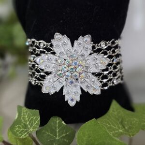 Vintage Silver Six Strand Bracelet with Center Flower AB Crystal Accents